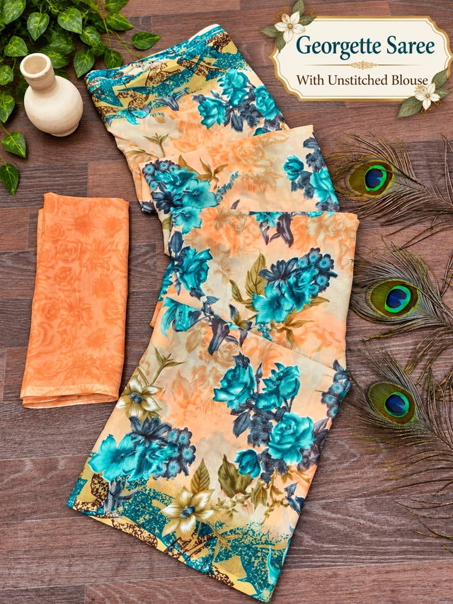 Printed Georgette Saree in Peach Colour Options