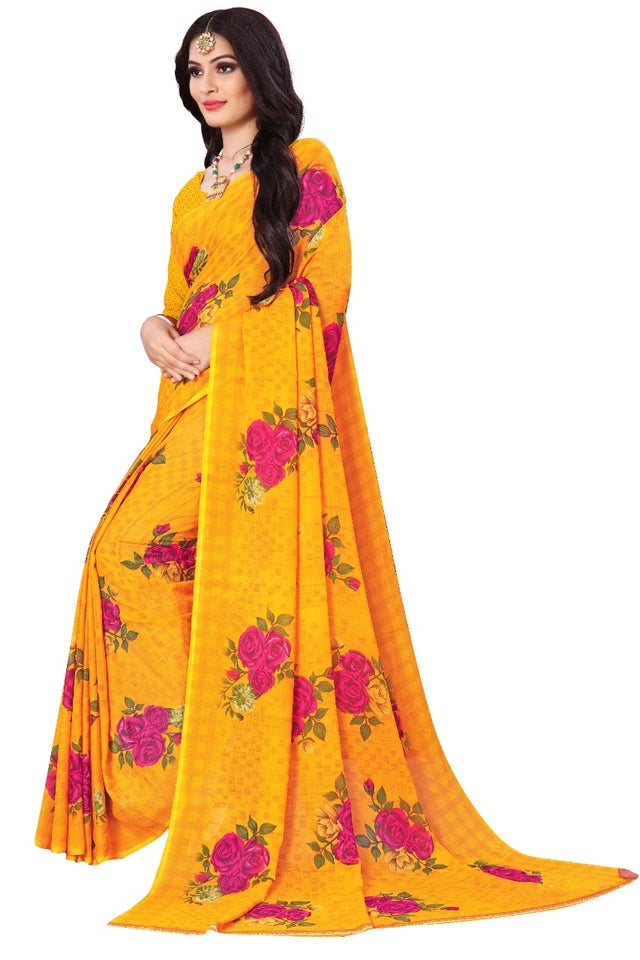 Women's Yellow Floral Georgette Saree