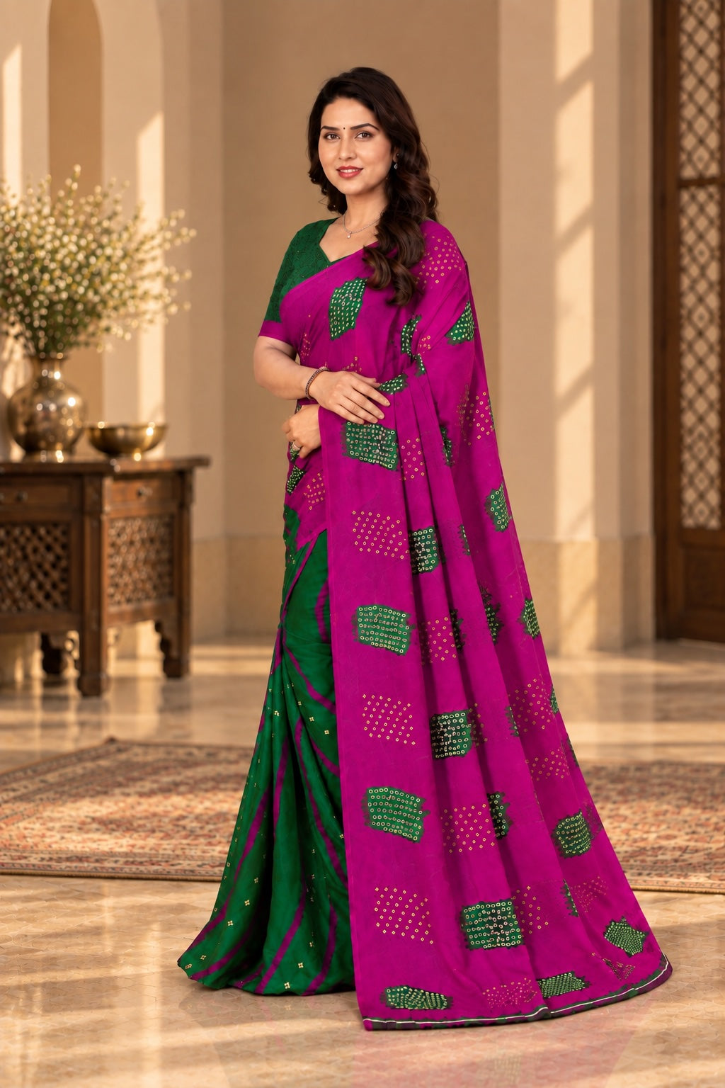 Kanooda Prints Green Rani Printed Georgette Saree