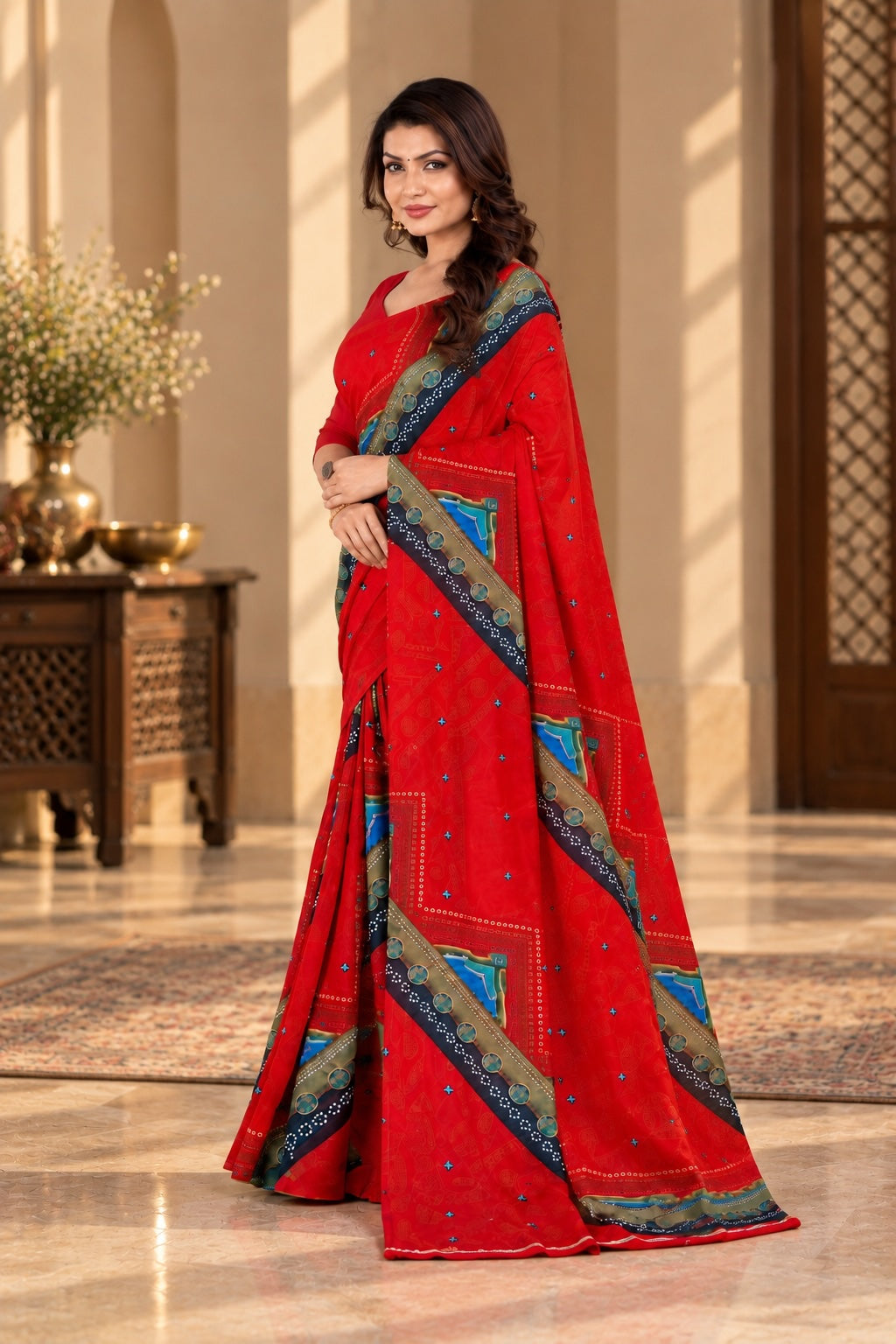 Red Bandhani Pure Georgette Saree