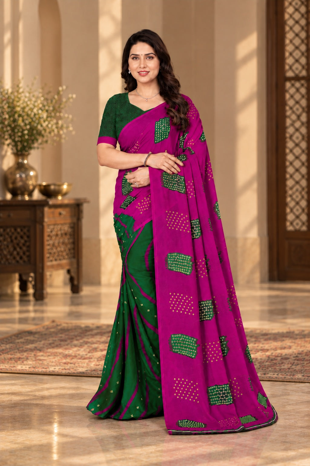 maayro Printed Bandhani Georgette Sarees, Pack of 2