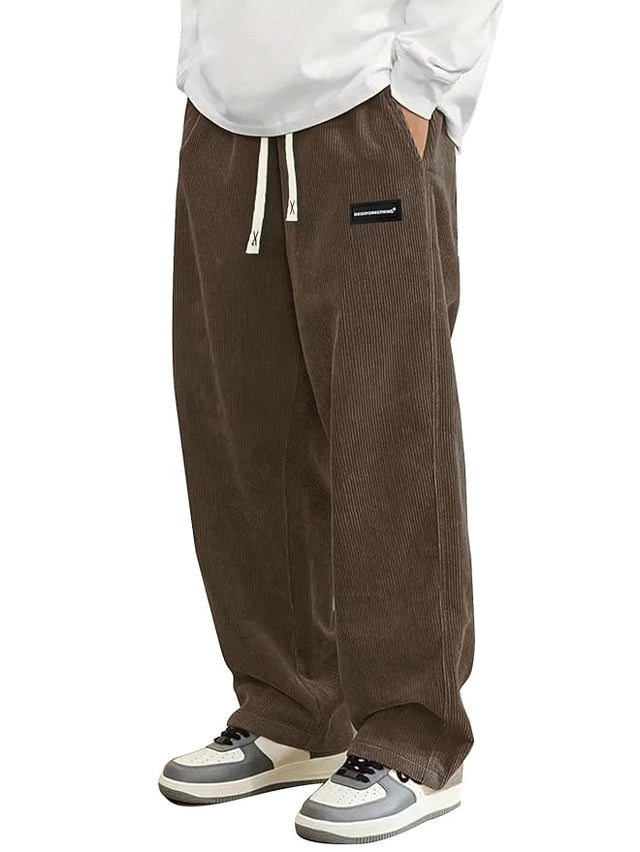 Mens Corduroy Casual Pants Loose Fit Wide Leg Pants Straight Elastic Waist