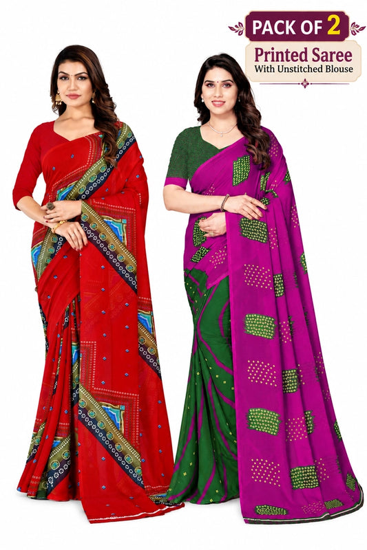 maayro Printed Bandhani Georgette Sarees, Pack of 2