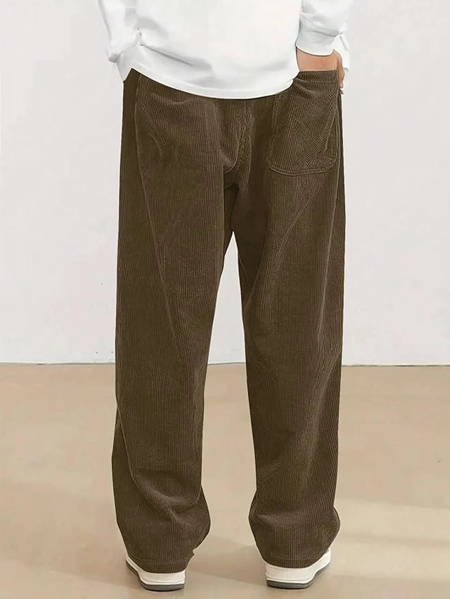 Mens Corduroy Casual Pants Loose Fit Wide Leg Pants Straight Elastic Waist