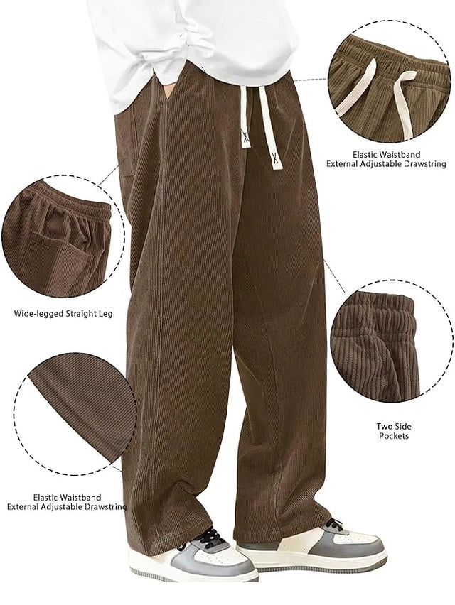 Mens Corduroy Casual Pants Loose Fit Wide Leg Pants Straight Elastic Waist