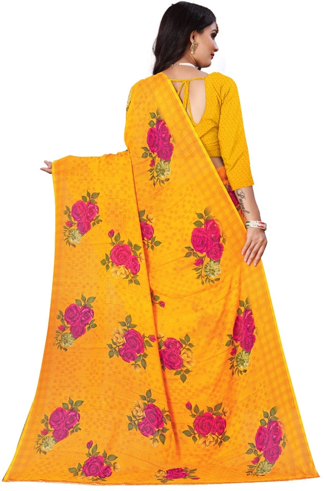 Women's Yellow Floral Georgette Saree