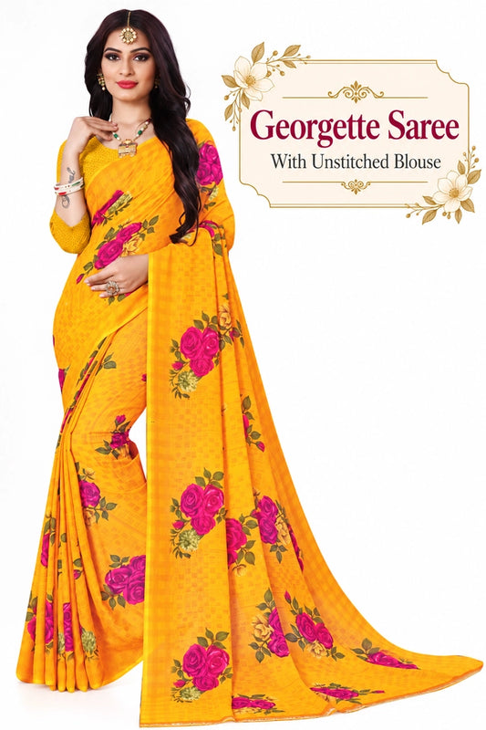 Women's Yellow Floral Georgette Saree
