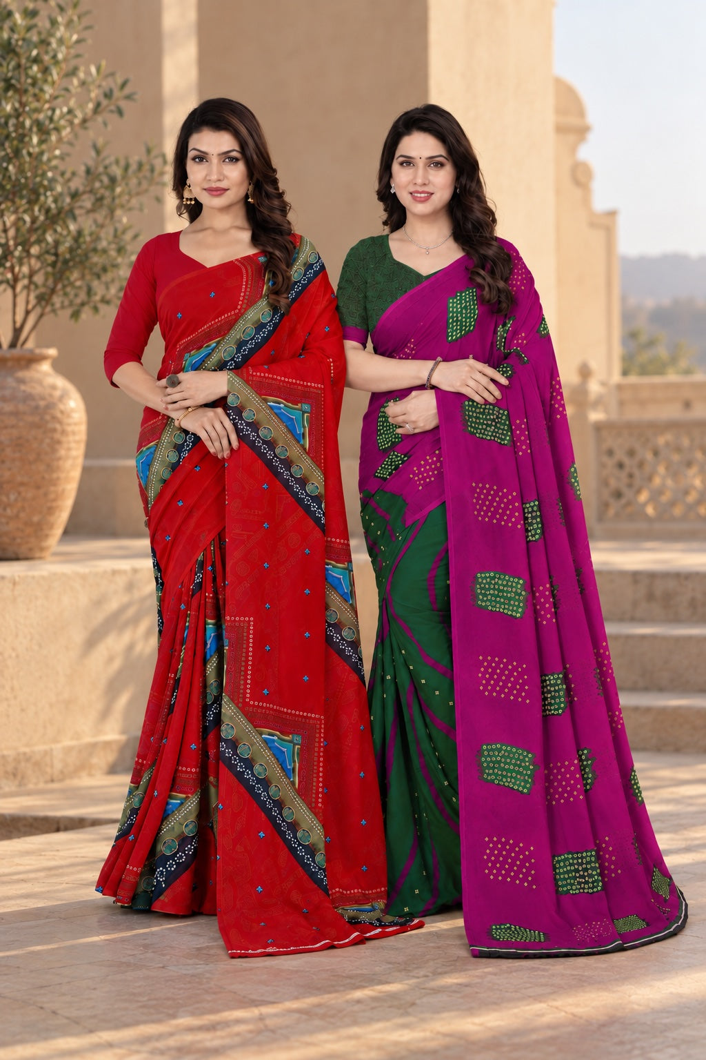 maayro Printed Bandhani Georgette Sarees, Pack of 2